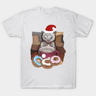 Santa cat. Funny cat with a mug of coffee and donuts. T-Shirt